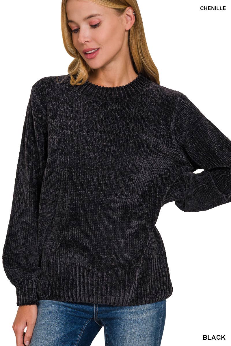 Vanilla Monkey - Wholesale Knit Sweater - Women's - Round Neck Balloon Sleeve Chenille Sweater0
