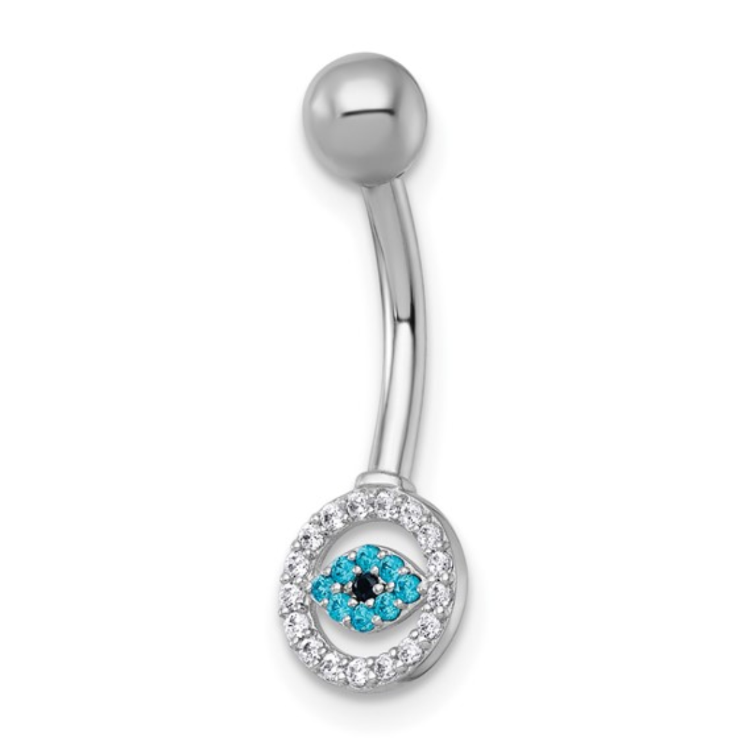 FCJ Jewelry LLC - Wholesale Belly Ring - White Gold White & Blue CZ Evil Eye Navel Ring- Belly Rings0