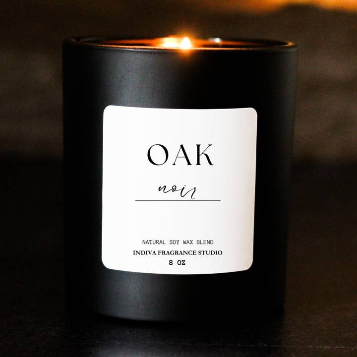 Oak Noir 8 oz Matte Black Glass Candle for wholesale by Indiva Fragrance Studio