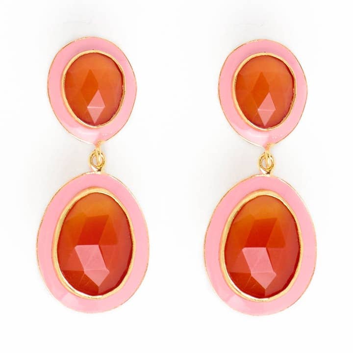 Boucles d'oreilles pendantes en pierre semi-précieuse et émail Elaine Rose + Cornaline en gros pour la vente par INK + ALLOY