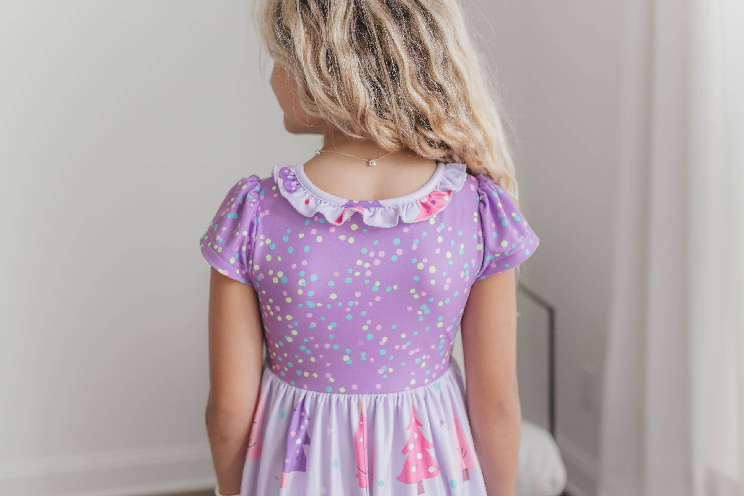 Oopsie Daisy - Wholesale Nightdress - Kids - Girls Purple Christmas Tree Holiday Ruffle Lounge Play Gown1