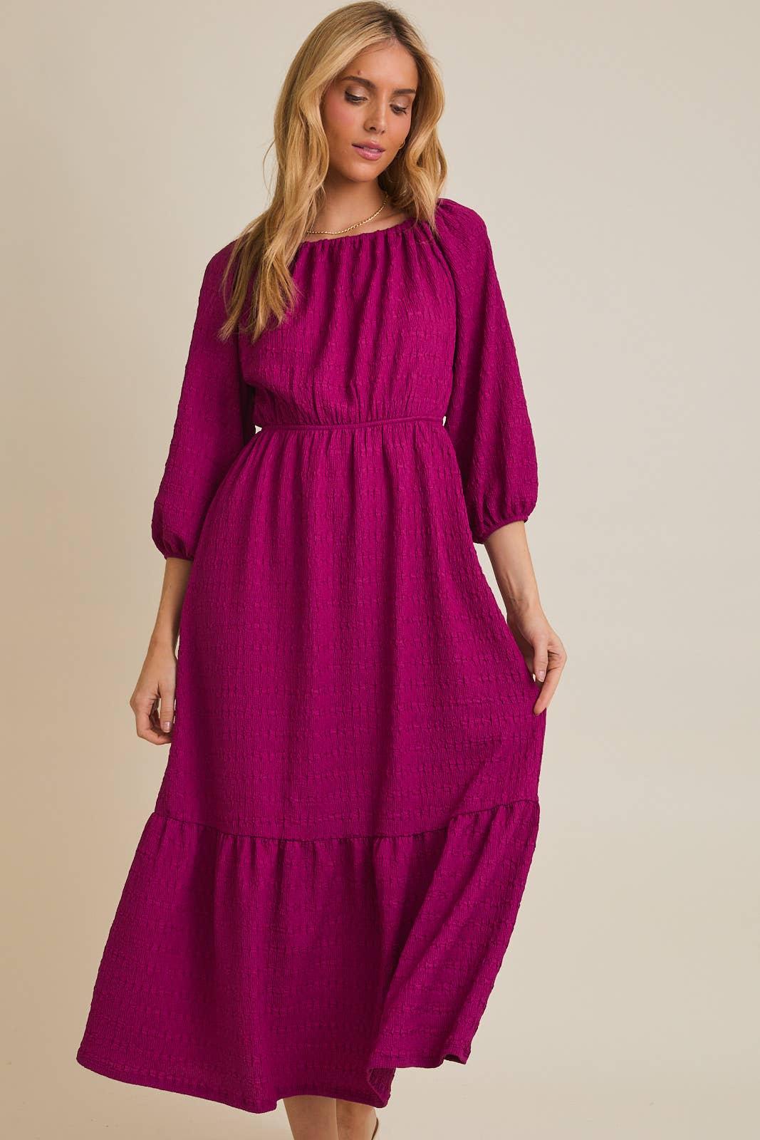 MAGENTA 3/4 SLEEVE RUCHING TIE NECK TEXTURED MIDI DRESS for wholesale on Faire
