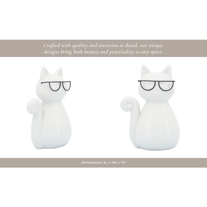 Sagebrook Home - Wholesale Decorative Figurine - Figurine - White Porcelain Cat with Glasses, 7 in.12