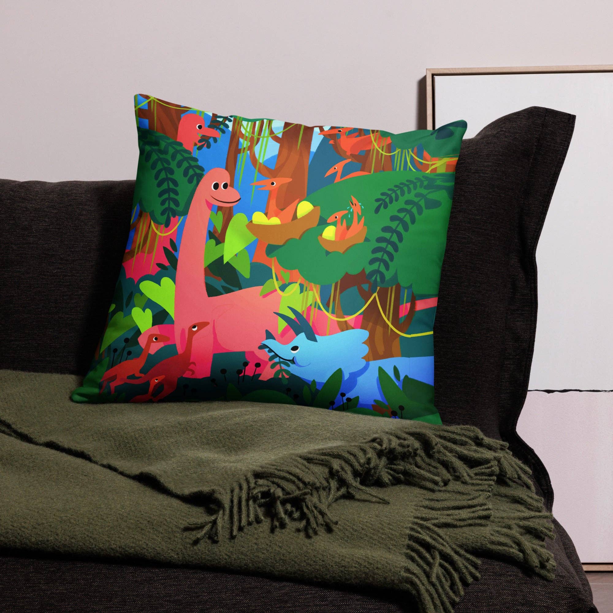 DinoDreams.co - Wholesale Throw/Decorative Pillow - Dinosaurs in the Forest Pillow