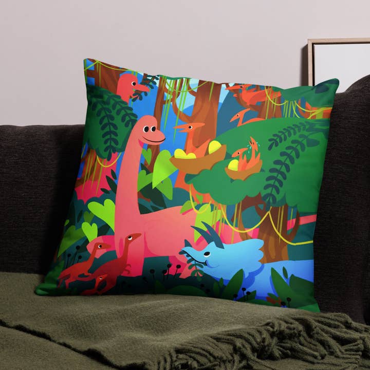 Dinosaurs in the Forest Pillow for wholesale by DinoDreams.co