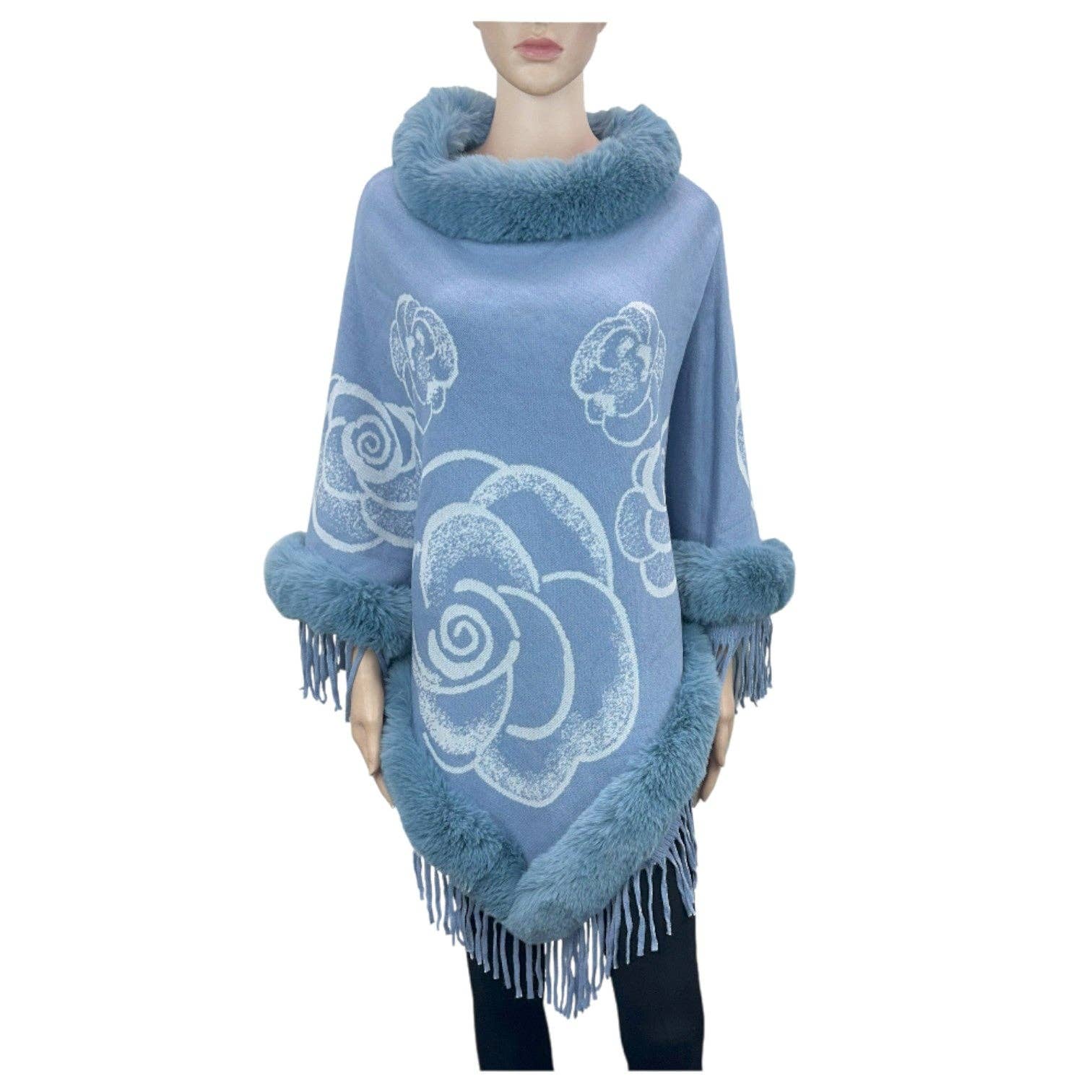 ASSORTED Rose Pattern Fur Fringed Poncho P4609. (12PC) for wholesale on Faire0