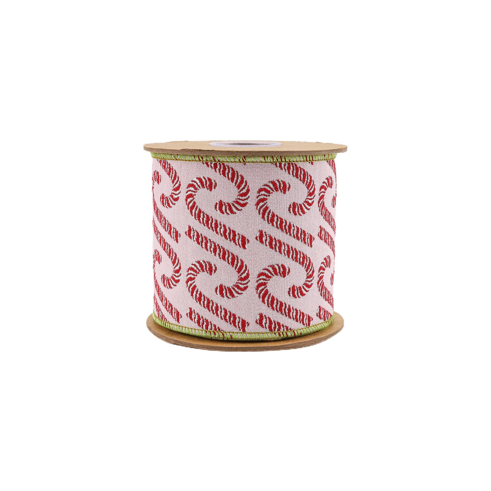 LA Ribbons Wholesale - Wholesale Ribbon - Gift Wrapping - 4" Wired Jacquard Ribbon | Candy Cane on Pink w/ Dupioni Backing | 5 Yard Roll4
