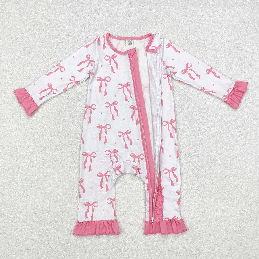 Aier Wholesale - Wholesale Jumpsuit - Baby - Baby Infant Girls Pink Bows Ruffle Bamboo Zip Rompers1
