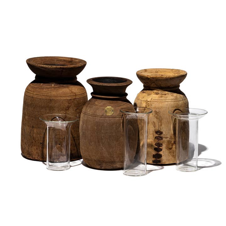 VINTAGE WOODEN POT W/GLASS CYLINDER for wholesale by Puebco