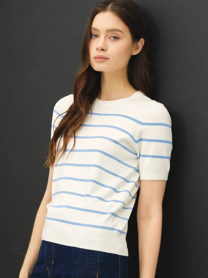 BOLD STRIPED SHORT SLEEVE KNIT TOP for wholesale by Be Cool
