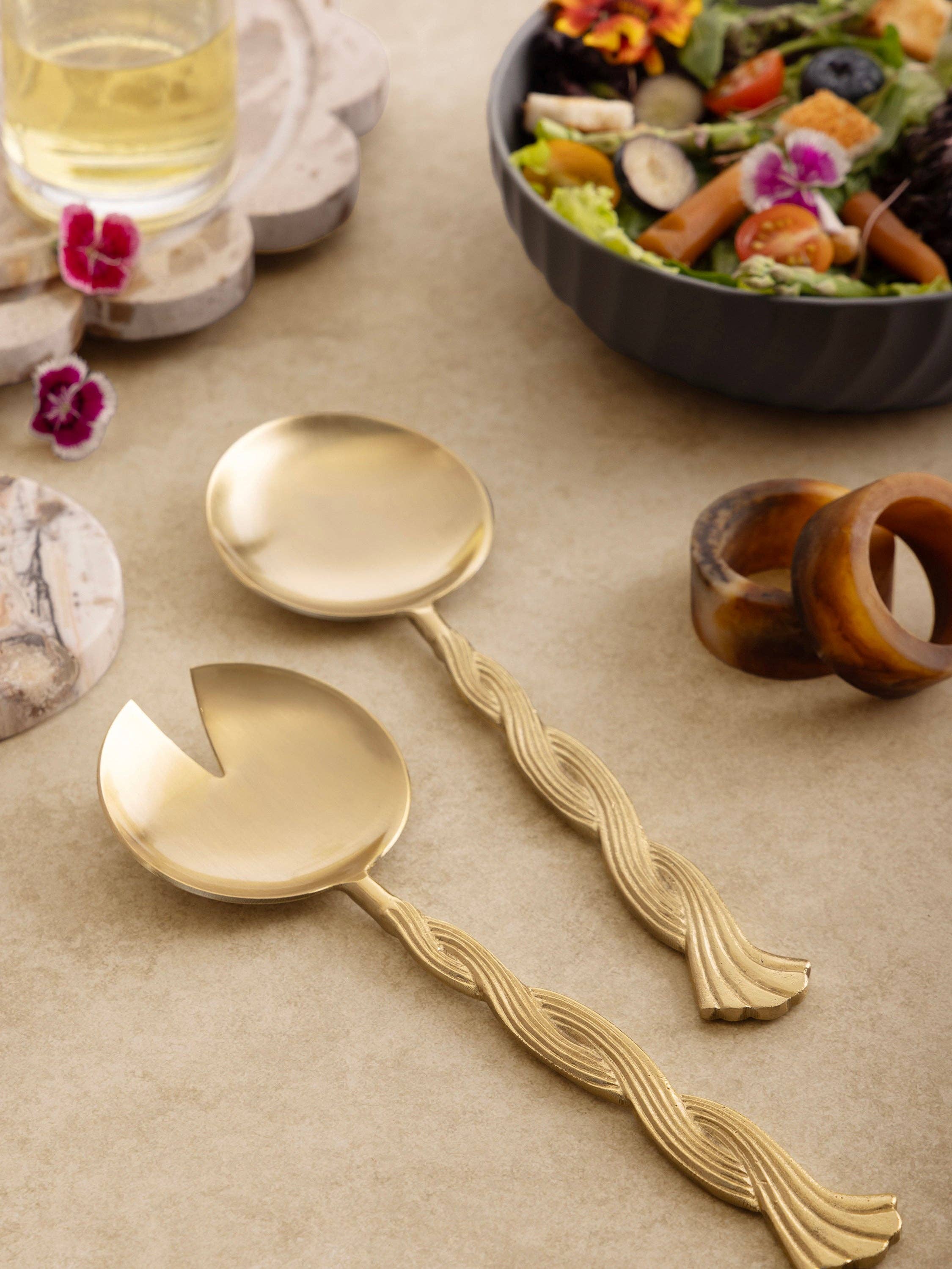 GAURI KOHLI - Wholesale Serving Utensil - Santiago Sculpted Braided Gold Salad Servers – Set of 21