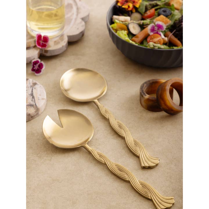 GAURI KOHLI - Wholesale Serving Utensil - Santiago Sculpted Braided Gold Salad Servers – Set of 21