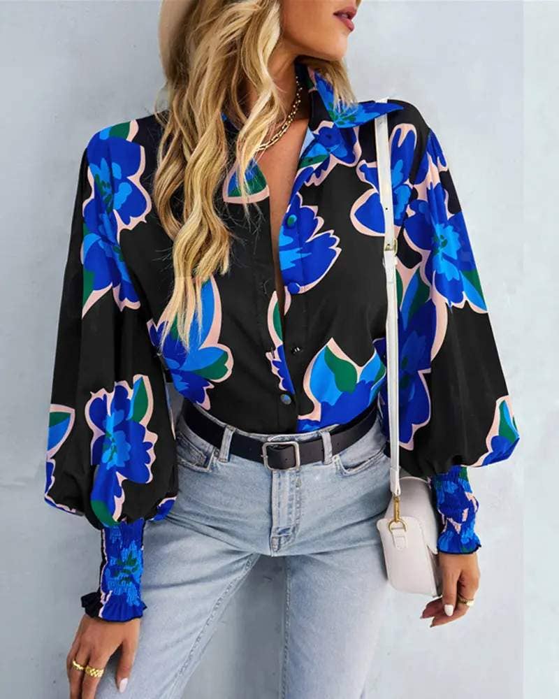 BLEU haut boutonné à manches lanterne à imprimé floral en vente sur Faire1