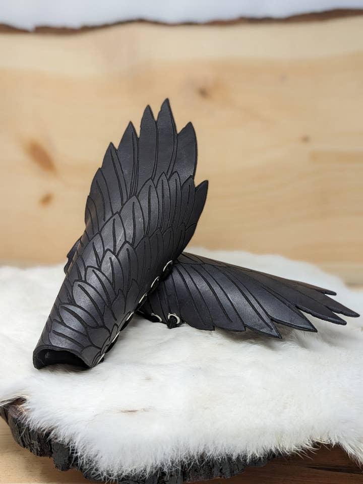 Raven Wing Leather Bracers/Vambraces Fore Arm Armor for wholesale by Frost & Ember Creations, LLC