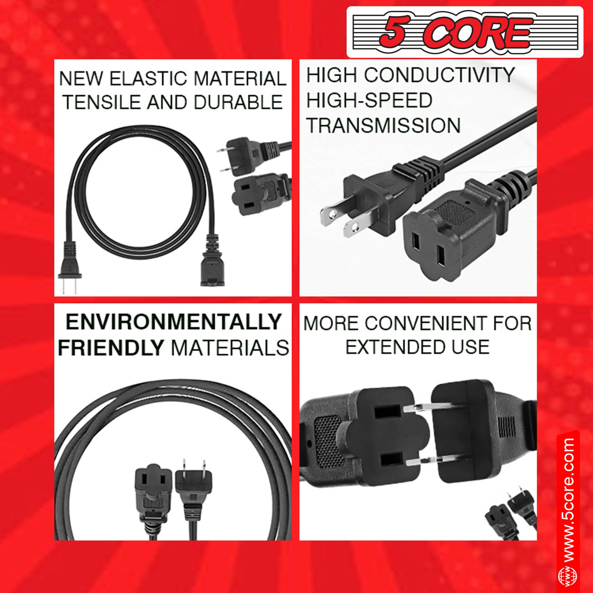 K Cube Inc - Wholesale Speakers - 5Core AC Power Cord 10Ft Male Female 2 Prong Extension Cords2