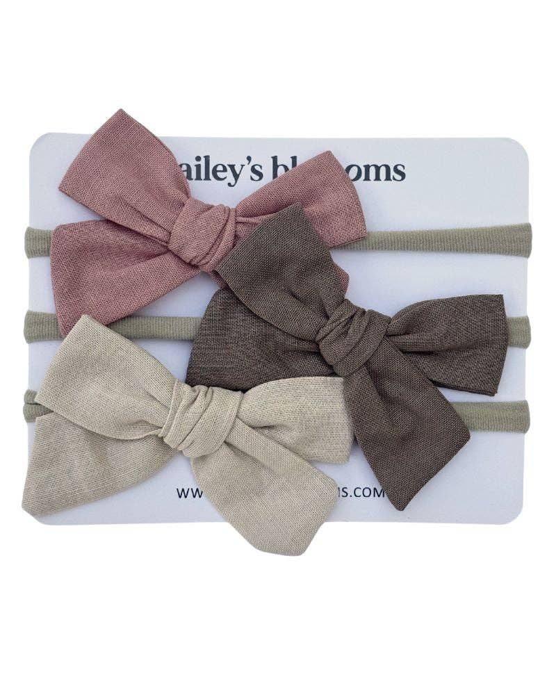 Bailey's Blossoms - Wholesale Fashion Headband - Baby - 3-piece Linen Cotton Nylon Headband Set - Dusty Pink, Taupe, Sand