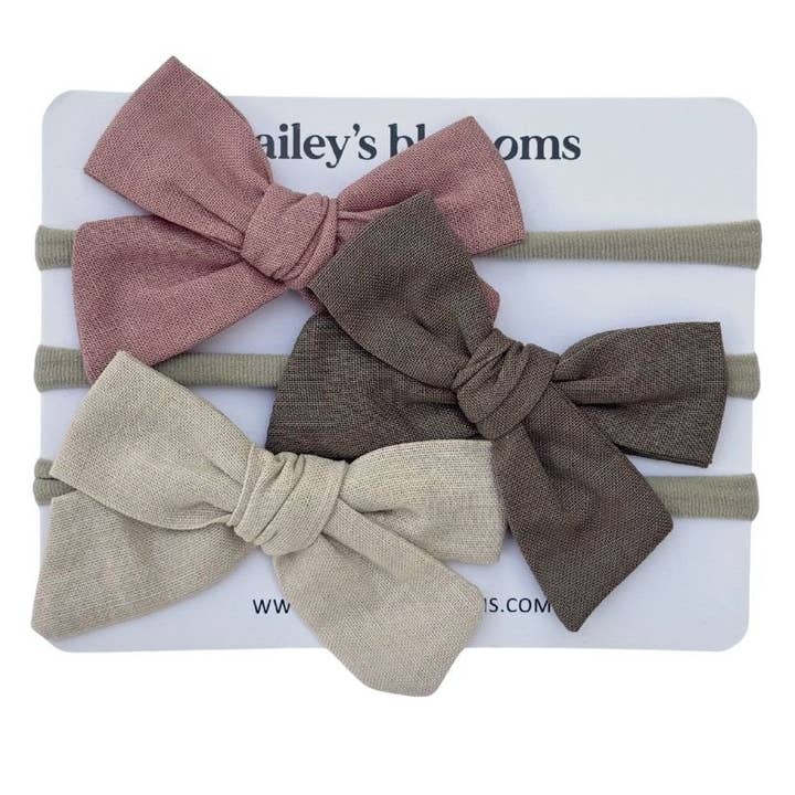 Bailey's Blossoms - Wholesale Fashion Headband - Baby - 3-piece Linen Cotton Nylon Headband Set - Dusty Pink, Taupe, Sand0