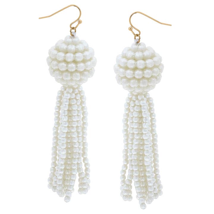 Edie Pearl Beaded Tassel Drop Earrings in Ivory for wholesale by Canvas Style