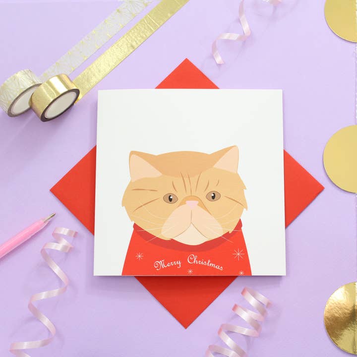 Carte de Noël persane en forme de chat, plusieurs couleurs pour la vente par Heather Alstead Design Ltd
