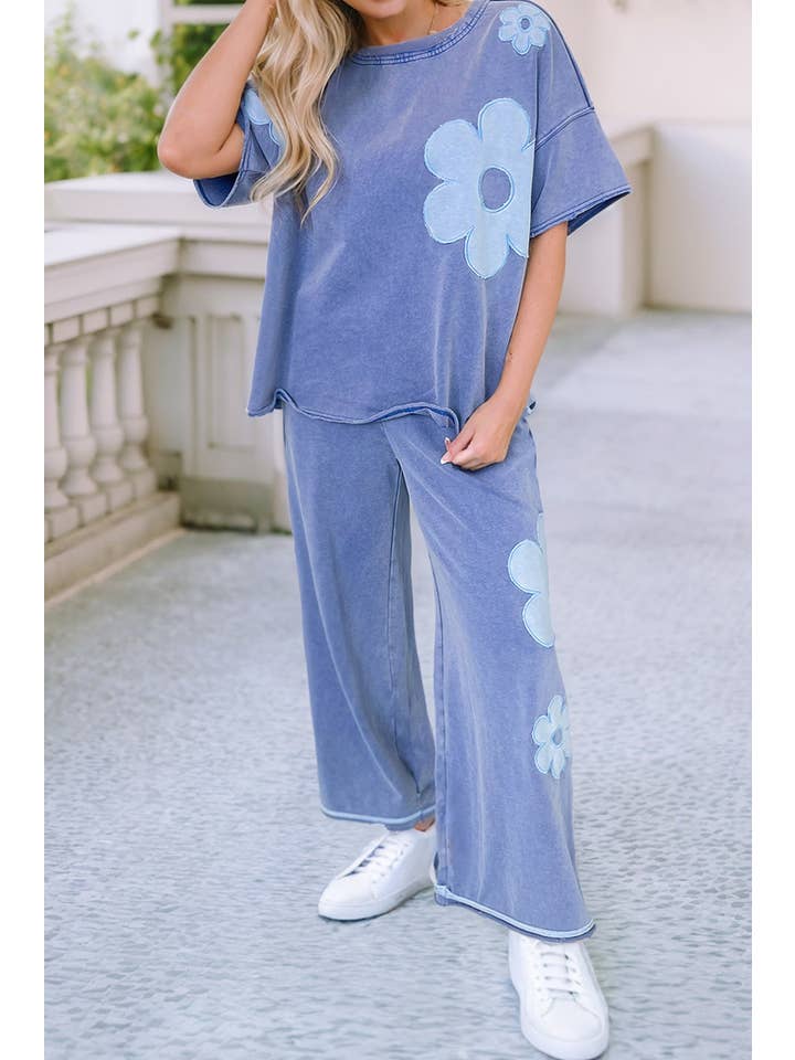 Lilac LDC Floral Patch Exposed Seam Raw Edge Pants Set for wholesale on Faire
