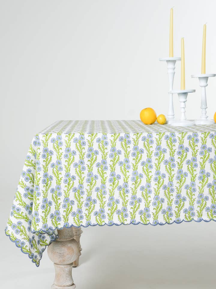 Forget-Me-Not Scallop Embroidered Blockprint Tablecloth for wholesale by Inner Child