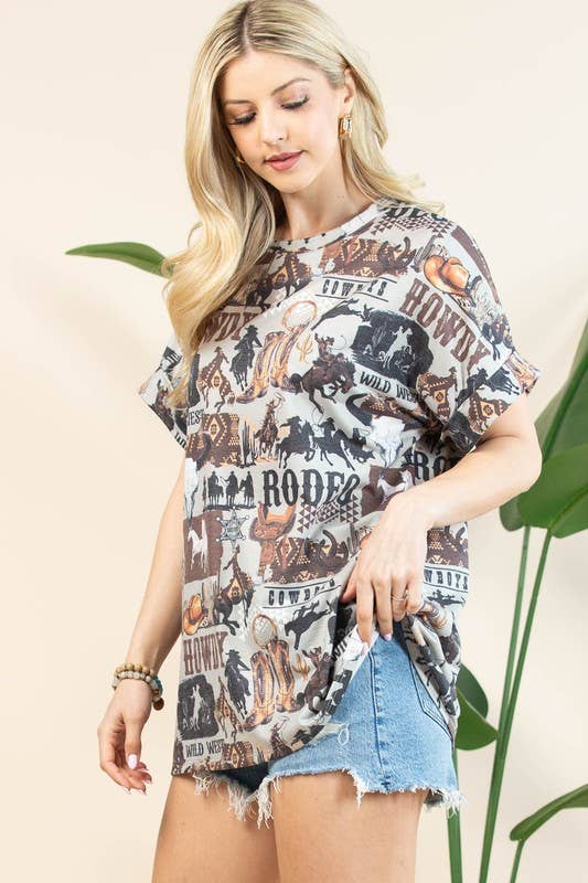 Gris/Marrón AT1291-TOP DE PUNTO AJUSTE RELAJADO CON ESTAMPADO OCCIDENTAL AUDREY de venta al por mayor en Faire8