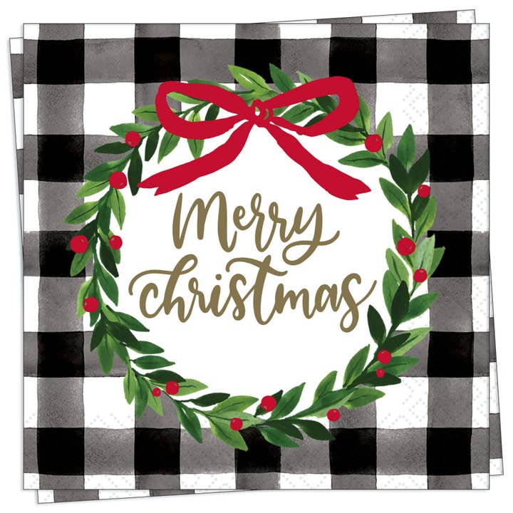 Check Wreath Merry Christmas Cocktail Napkin for wholesale by Twilight Collection