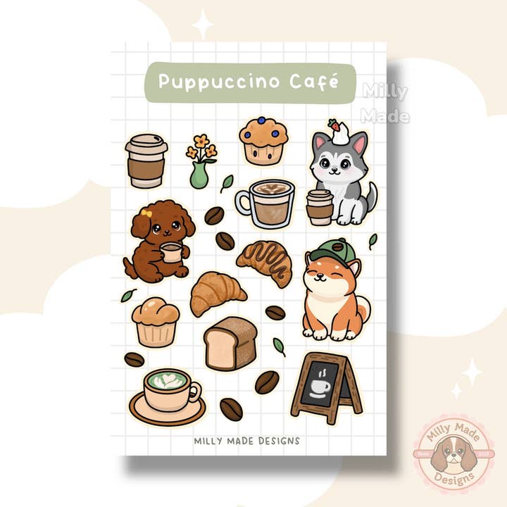 Puppacino Cafe - Sticker Sheet for wholesale by Milly Made Designs
