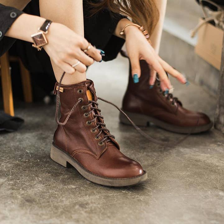 Botas de combate de piel de oveja a la moda, botas de montar retro gruesas, de diseñador, café/café oscuro para venta al por mayor de DWARVES