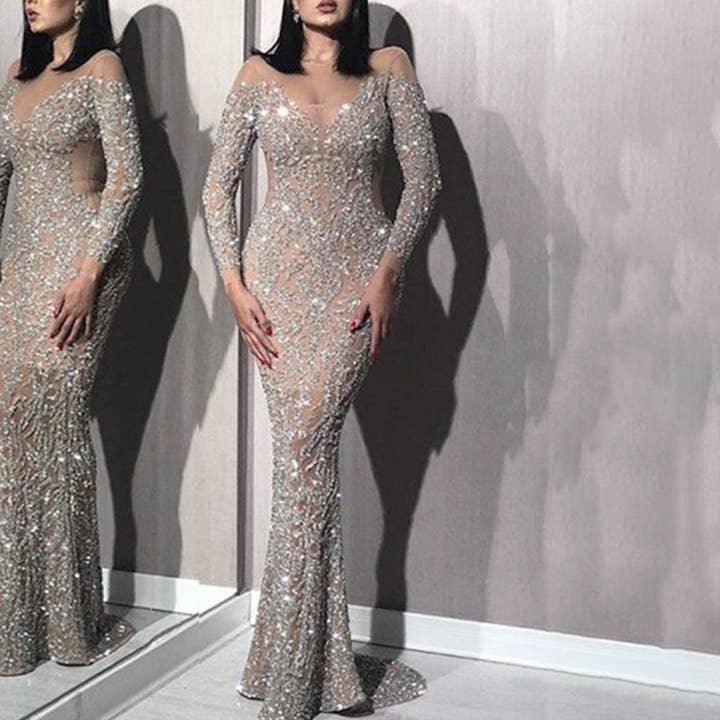 Multi Spring Women Clothing Bronzing Long Sleeve Slim Sexy Dress Cocktail Evening Dress for wholesale on Faire