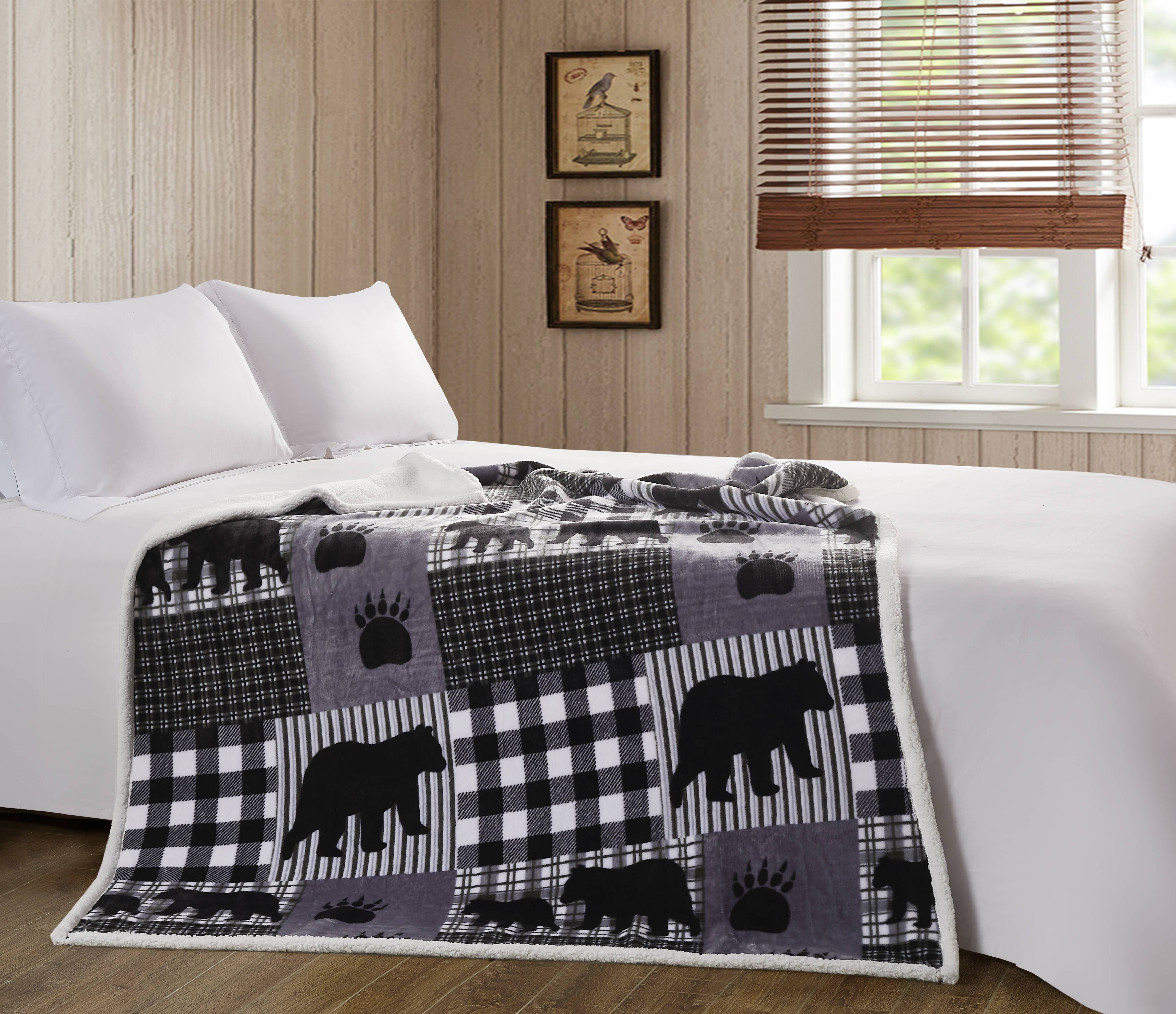 Duke Imports - Wholesale Throw Blanket - "Black Bear Plaid Gray" Flannel Sherpa Throw Blanket 50"x60"1
