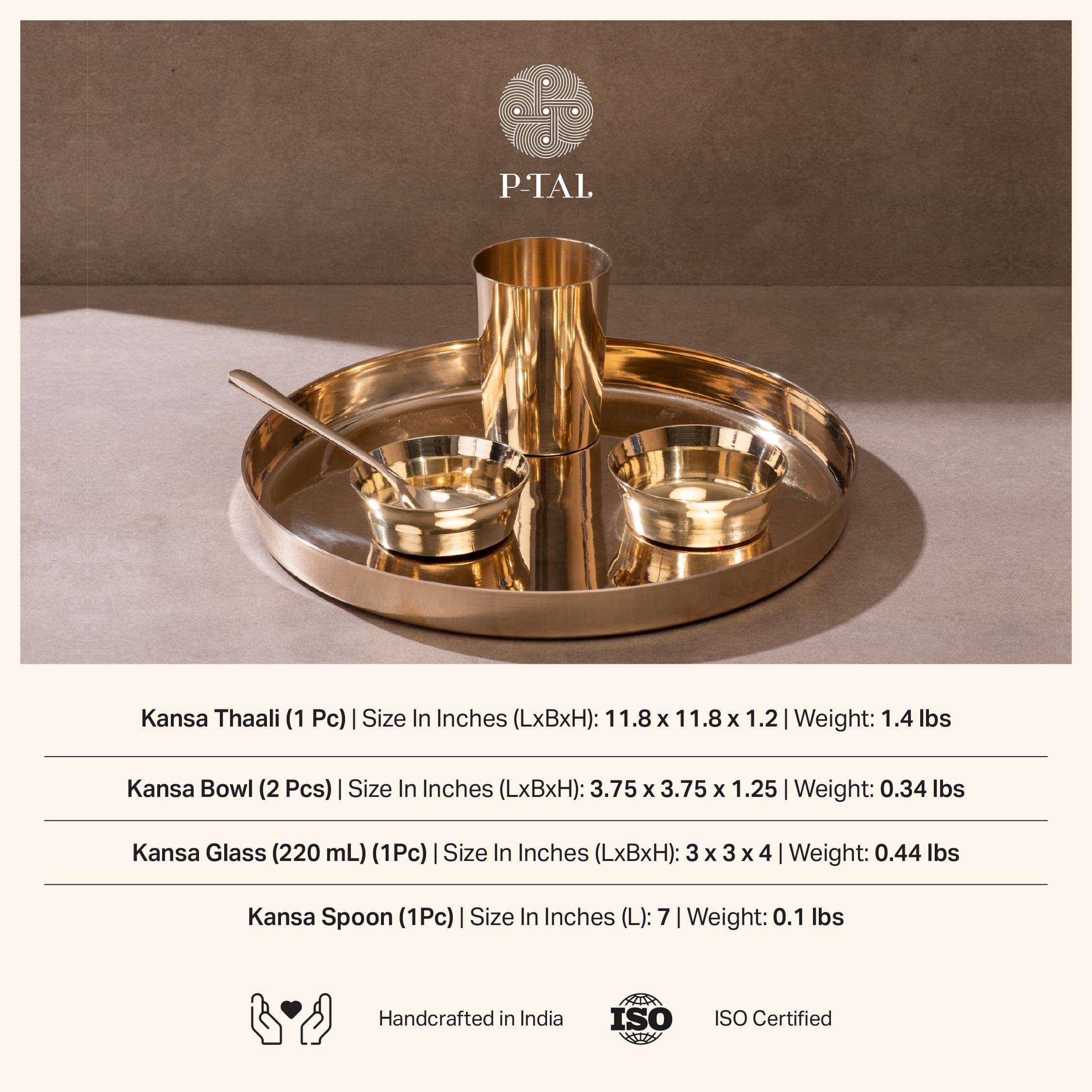 P-TAL - Wholesale Serving Plate - Bronze (Kansa) high hipped plate (Thaali) Set 11" - 5 pieces (1 Thaali, 2 bowls, 1 glass, 1 spoon)1