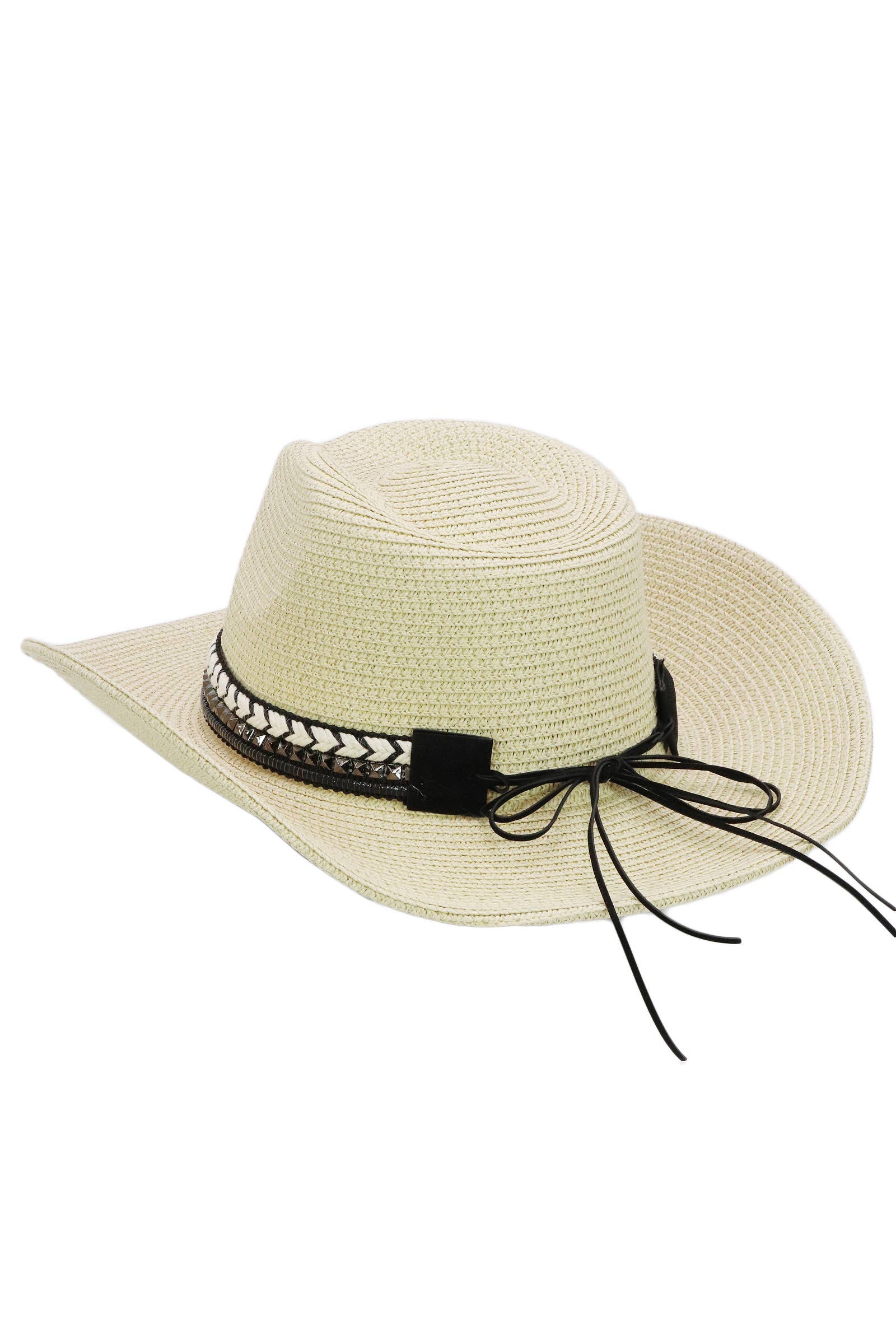 Cap Zone - Wholesale Cowboy Hat - Women's - Buffalo Skull Studs Braided Belt Straw Cowboy Hat2