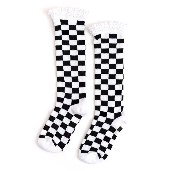 Little Stocking Co. - Vente Chaussettes – enfant et bébé - Chaussettes hautes en dentelle à carreaux - Blanc/noir