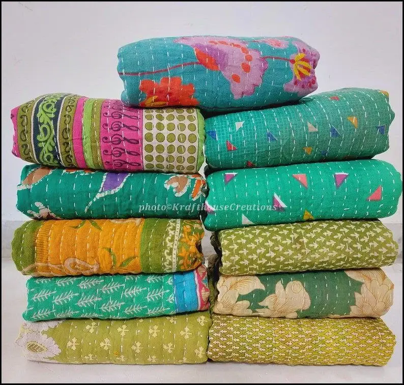 Bhawana Handicrafts - Wholesale Quilt - 5 Piece Lot, Indian Sari Quilt Handmade Throw Blanket Antiqu1
