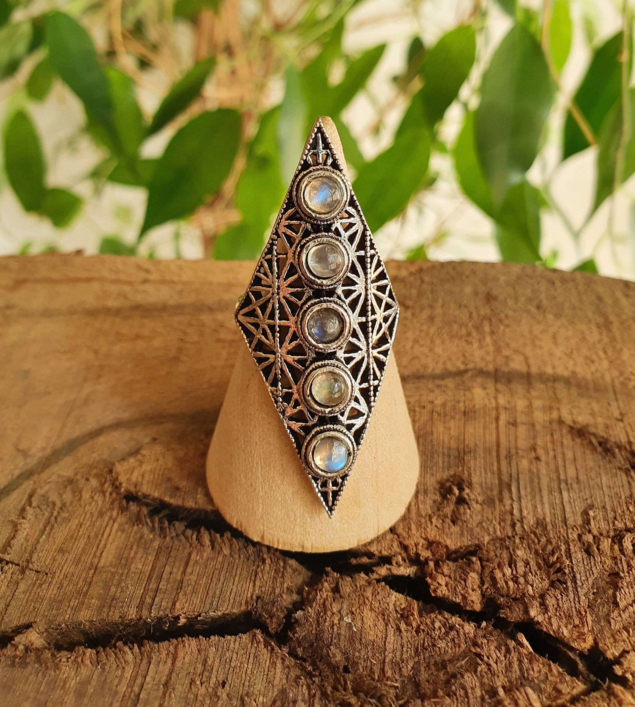 Kaali Boutique – wholesale Multi-stone ring – Silver Geometric Diamond Shape Ring / Moonstone / Large /Boho / Ethnic / Rustic / Tribal / Gypsy / Festival / Indian / Festival1