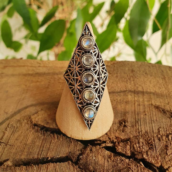 Kaali Boutique – wholesale Multi-stone ring – Silver Geometric Diamond Shape Ring / Moonstone / Large /Boho / Ethnic / Rustic / Tribal / Gypsy / Festival / Indian / Festival1