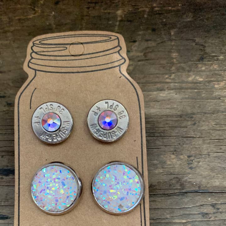 White AB Druzy 38 Spezial Kugel-Ohrring-Set für den Großhandel von Jill's Jewels