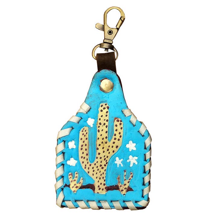LS Western - Wholesale Keychain - Unisex - LC-ADKRX131 Hand-Tooled Leather Keyring Yellow Cactus & Stars on Turquoise with White Lacing