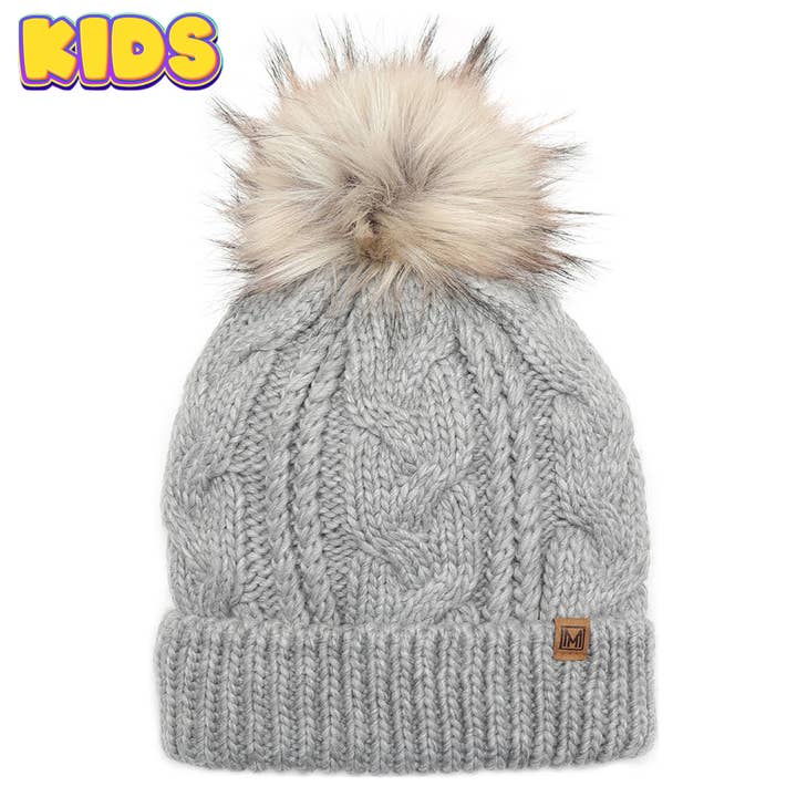 Fashion City - Wholesale Beanie - Kids - Kid's Cable Knitted Faux Fur Pom Beanie Hat3