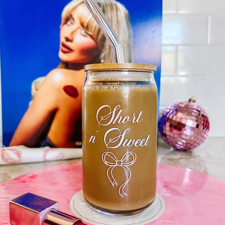 Short n' Sweet Sabrina Carpenter Glass Cup w/ Lid & Straw for wholesale by Love Her Work