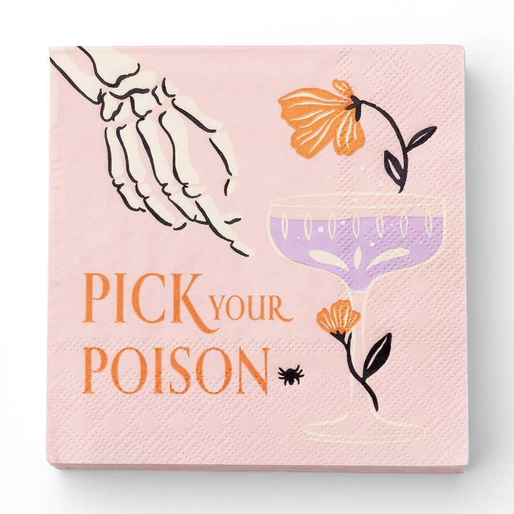SERVIETTES À COCKTAIL TÊTES DE MORT FLORALES & ARAIGNÉES D'HALLOWEEN pour la vente par Bonjour Fête
