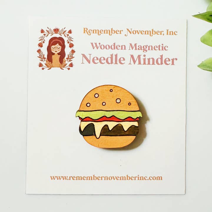 Burger Needle Minder, Wooden Magnetic Needle Minder for wholesale by Remember November, Inc
