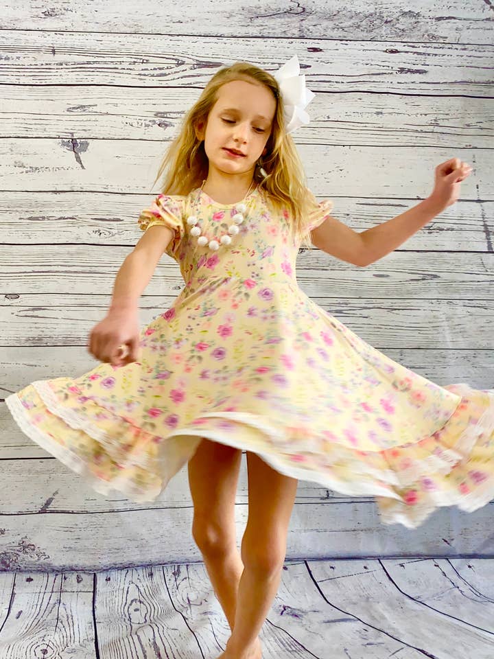 Yellow Floral Double Ruffle Twirly Dress for wholesale by Little dress shoppe