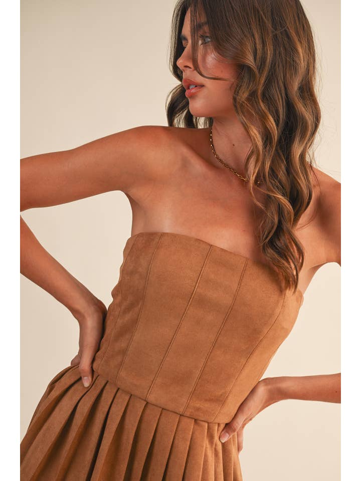 Klesis - Wholesale Dress - Women's - ID9415 SUEDE PLEATED SKIRT STRAPLES MINI DRESS20