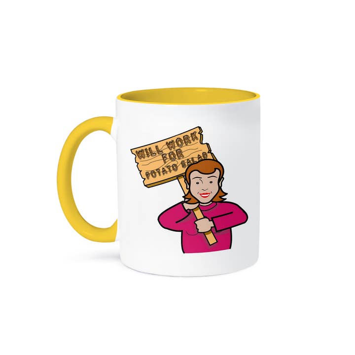 3dRose - Wholesale Coffee mug - 3dRose, Funny Humorous Woman Girl With A Sign Will Work For Potato Salad, Mug