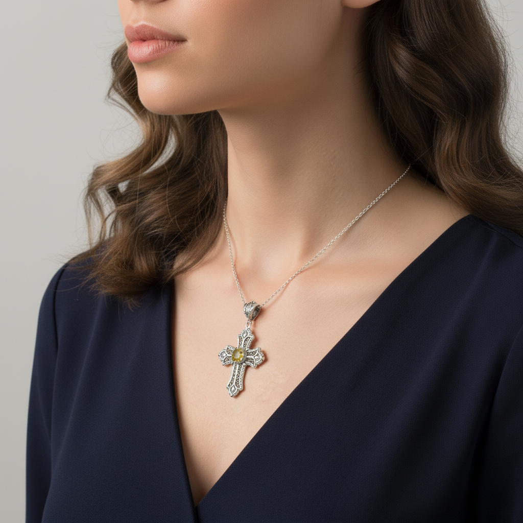 Filigranist Jewelry – wholesale Pendant/charm necklace – Sterling Silver Filigree Art Multi Gemstone Cross Necklace8