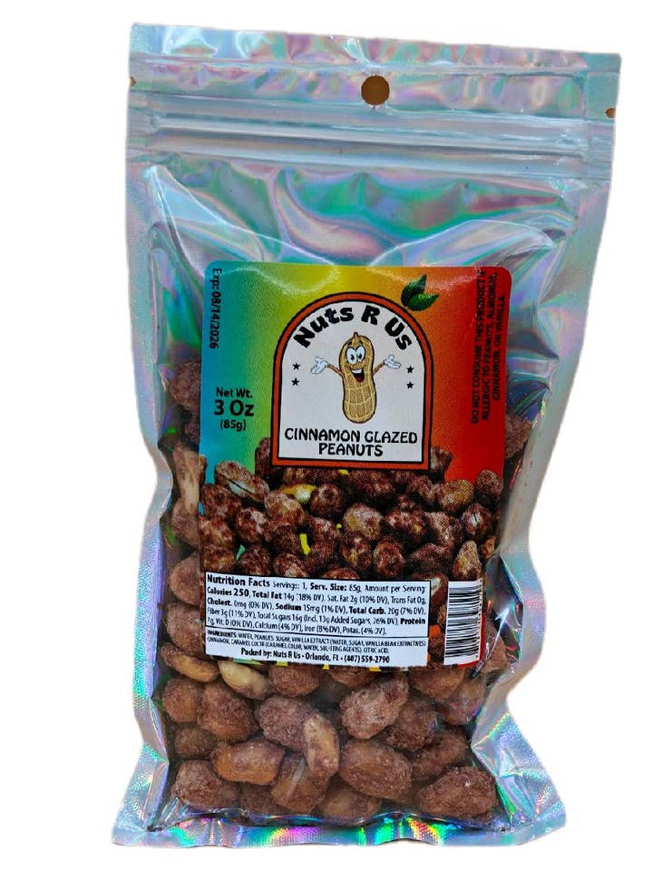Nuts R Us Arachides enrobées de cannelle – Arachides enrobées de cannelle sucrée (sachet de 85 g) pour la vente par Fiesta Snacks