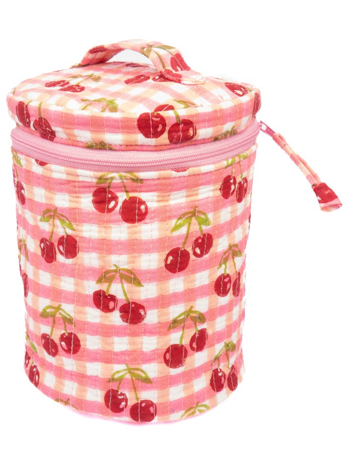 Bolso de Maquillaje Redondo y Vertical de Cereza en Estampado de Cuadros Rojos para venta al por mayor de Inner Child
