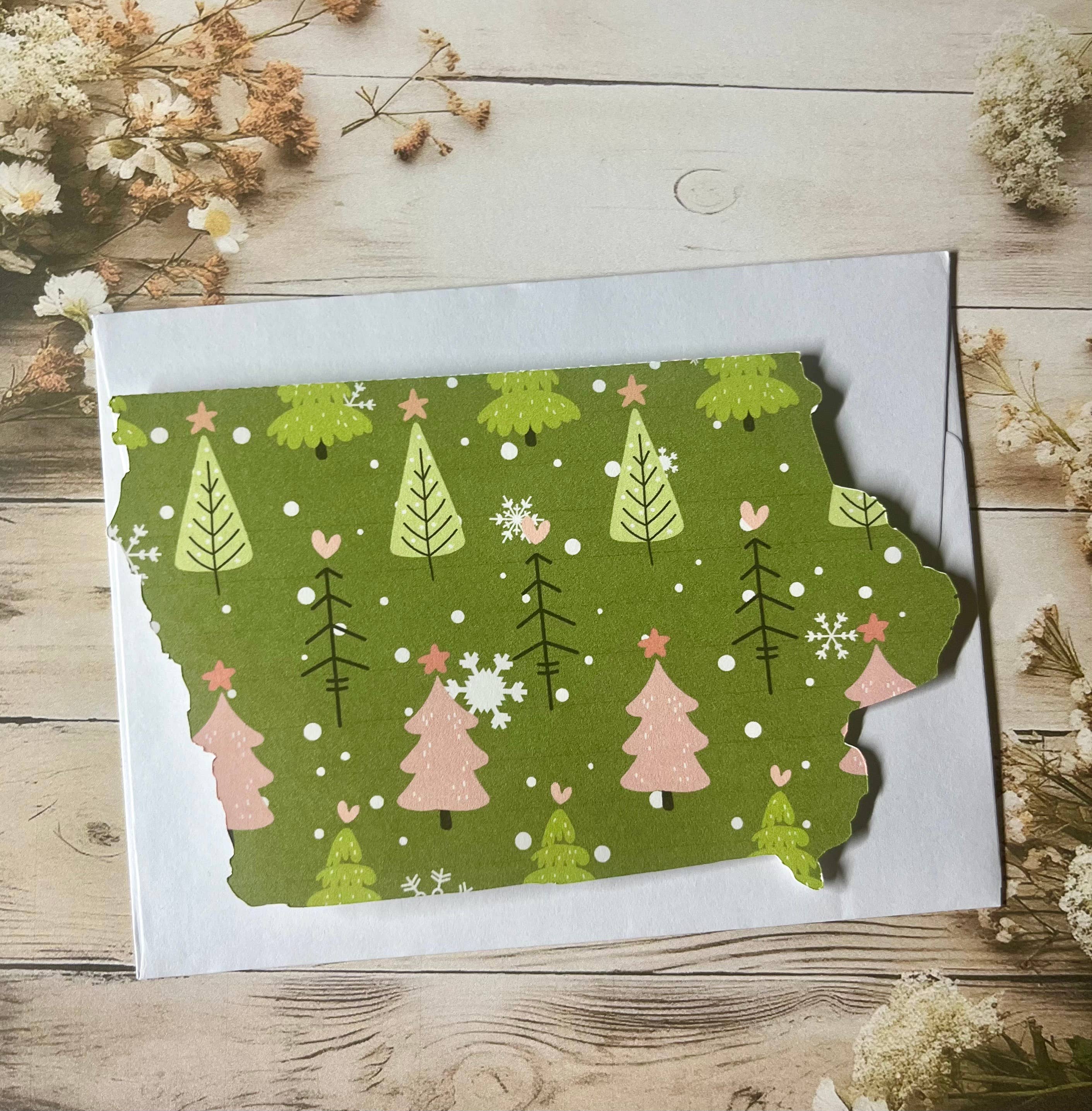 Iowa Paper Farm – wholesale Season’s Greetings card – Iowa with pink/green Christmas trees greeting card - single1